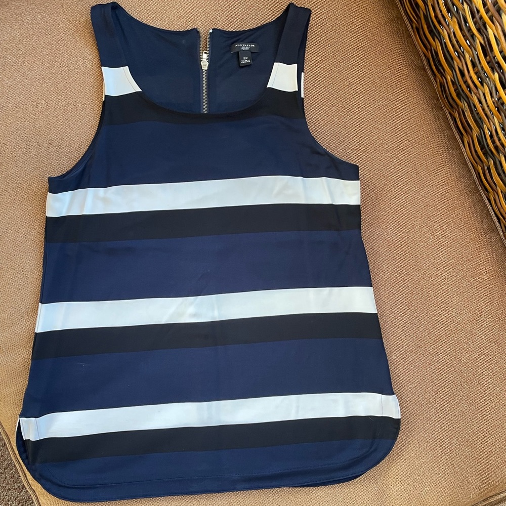 Ann Taylor Blue Black White Striped Sleeveless Size Small Petite Blouse Top